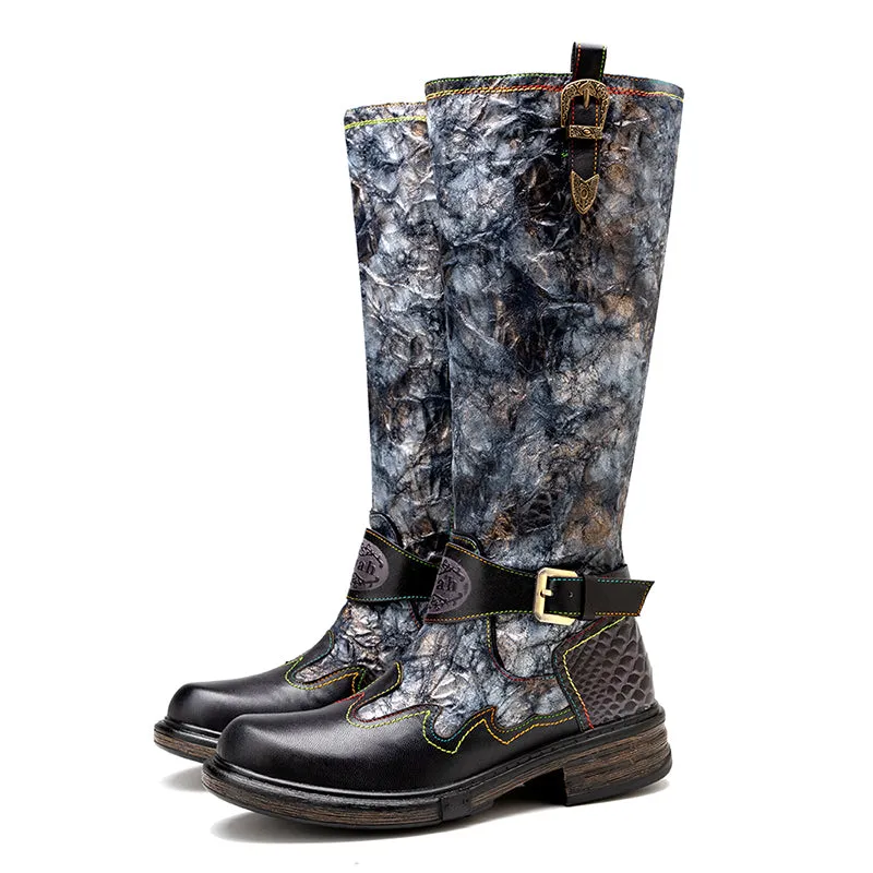 Zalor Bronzed Metal Reflective Color Wrinkle Zipper High Boots