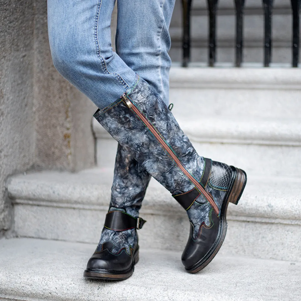 Zalor Bronzed Metal Reflective Color Wrinkle Zipper High Boots