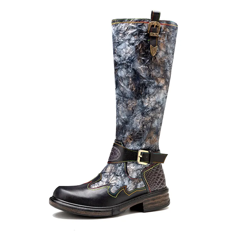 Zalor Bronzed Metal Reflective Color Wrinkle Zipper High Boots